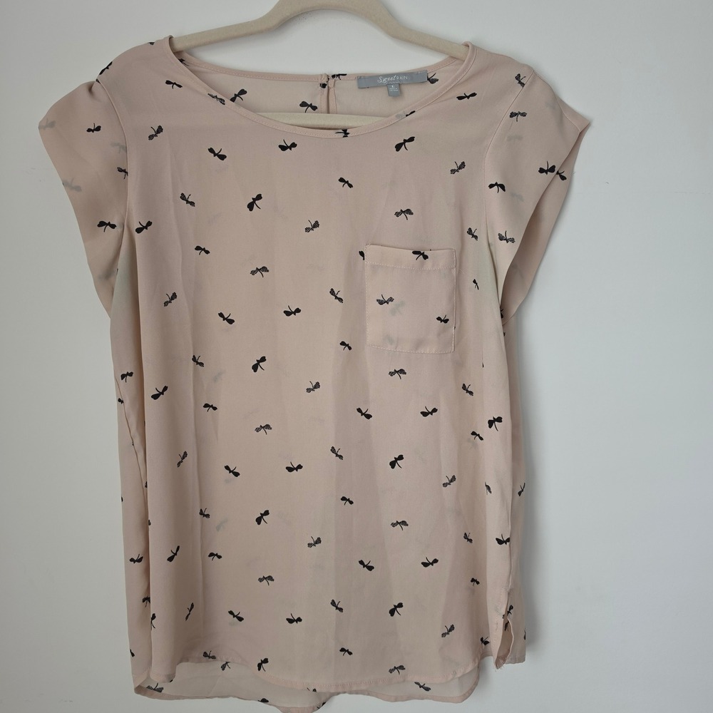 Sweet Rain Womens Pink Dragonfly Print Short Sleeve Blouse Top, Large